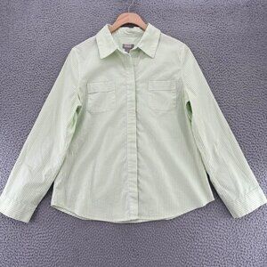 Chicos Shirt Womens 1 US Medium Green Stripe Shimmer Button Up Roll Tab Sleeve